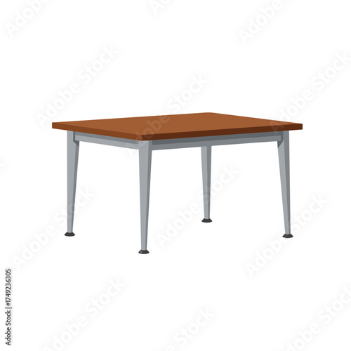 A simple brown wooden table with four metal legs and a white background.