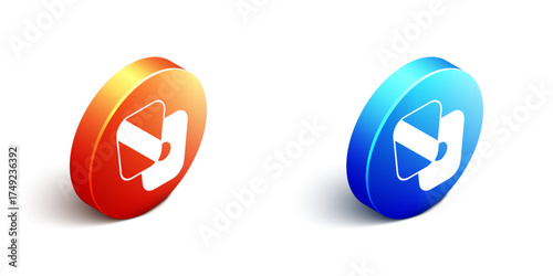 Isometric Boxing training paws icon isolated on white background. Orange and blue circle button. Vector