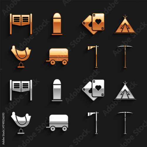 Set Wild west covered wagon, Indian teepee or wigwam, Pickaxe, Tomahawk, saddle, Playing cards, Saloon door and Bullet icon. Vector