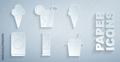 Set Chocolate bar, Ice cream in waffle cone, Soda can with straw, Asian noodles and chopsticks, Cocktail and icon. Vector