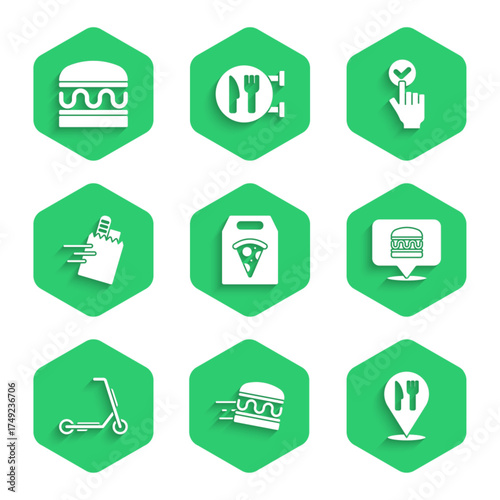 Set Online ordering pizza delivery, burger, Cafe and restaurant location, Scooter, and Burger icon. Vector