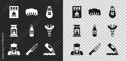 Set Matchbox and matches, Grilled pork bbq ribs, Pepper, Cook, Meat chopper, Ketchup bottle, Barbecue coal bag and Beer icon. Vector