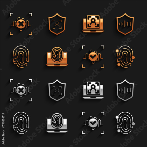 Set Laptop with fingerprint, Shield voice recognition, Fingerprint, Voice, face, Rejection and icon. Vector