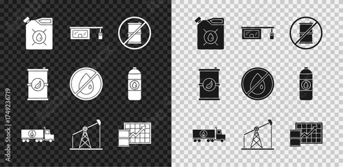 Set Canister for motor machine oil, Gas filling station, No barrel gasoline, Tanker truck, Oil pump pump jack, price increase, Bio fuel and drop icon. Vector