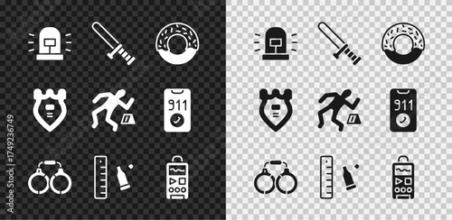 Set Flasher siren, Police rubber baton, Donut, Handcuffs, Bullet casing with ruler, Dictaphone, badge and Crime scene icon. Vector