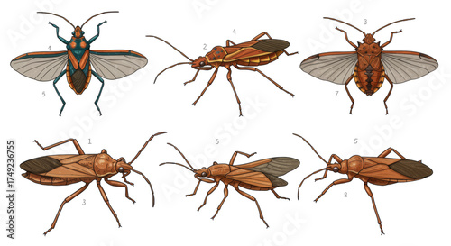Collection of Scientific Illustrations Showcasing the Anatomy and Poses of a Common Stink Bug Insect