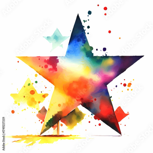 multicolor five point christmas star watercolor splash vector painting