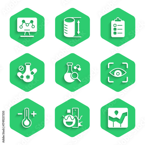 Set Test tube, Basic geometric shapes, Graph chart infographic, Eye scan, Thermometer, Medicine pill, To do list or planning and Genetic engineering icon. Vector