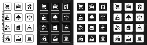 Set No house, Cloud with rain, Volunteer, Shopping cart, Donation food, Searching for, Help homeless and money icon. Vector