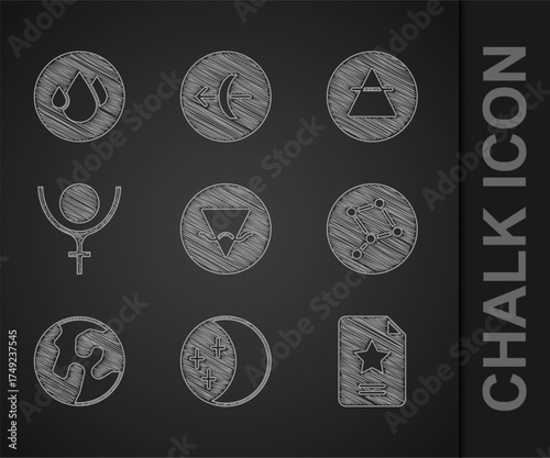 Set Earth element, Eclipse of the sun, Star constellation zodiac, Great Bear, globe, Symbol Pluto, Air and Water drop icon. Vector