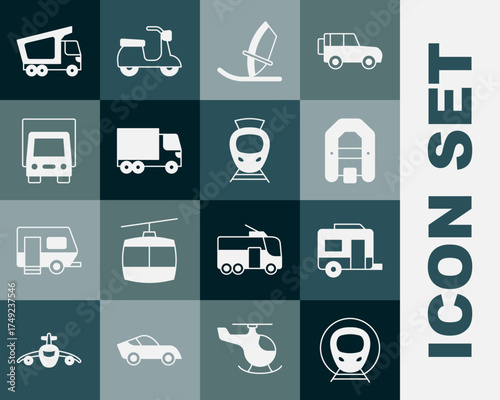 Set Train and railway, Rv Camping trailer, Rafting boat, Windsurfing, Delivery cargo truck, and Tram icon. Vector
