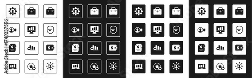 Set Briefcase, Monitor with graph chart, Job promotion, Human gear inside, Shield check mark, Wallet dollar and Contract money and pen icon. Vector