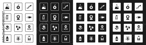 Set Snake, Radioactive in location, Spray against insects, Beaker with toxic liquid, Puffer fish, Nuclear bomb, Bones and skull and Poison flower icon. Vector