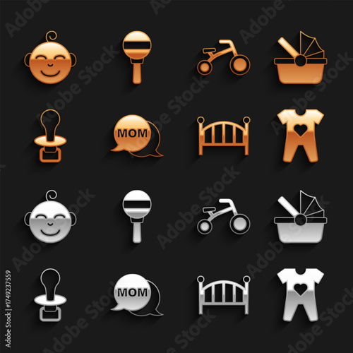 Set Speech bubble mom, Baby stroller, clothes, crib cradle bed, dummy pacifier, Bicycle for kids, Little boy head and Rattle baby toy icon. Vector