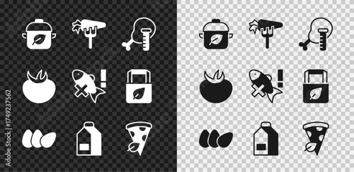Set Vegan food diet, Carrot, Genetically modified chicken, Chicken egg, Paper package for milk, pizza slice, Tomato and No fish icon. Vector