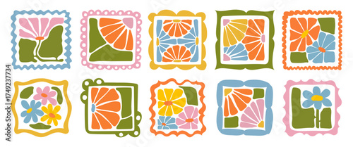 A collection of colorful abstract floral patterns in modern square style. Hand-drawn botanical designs in bold boho style. Perfect for decoration, crafts, textile design, and digital projects.
