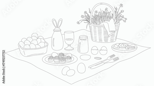 A black and white line drawing of an easter picnic scene with basket and easter eggs on a blanket