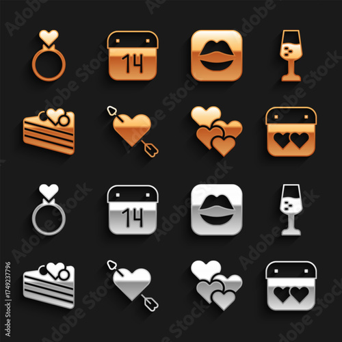 Set Amour with heart and arrow, Glass of champagne, Calendar, Heart, Wedding cake, Smiling lips, rings and February 14 icon. Vector