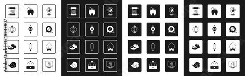 Set Yin Yang symbol, Chinese paper lantern, New Year, fortune cookie, Peach fruit nectarine and tea ceremony icon. Vector