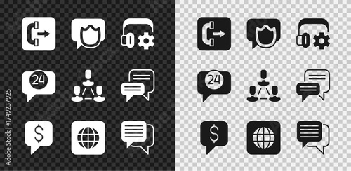 Set Outgoing call phone, Speech bubble chat, Headphoneswith settings, Paid support, Worldwide, Telephone 24 hours and Employee hierarchy icon. Vector