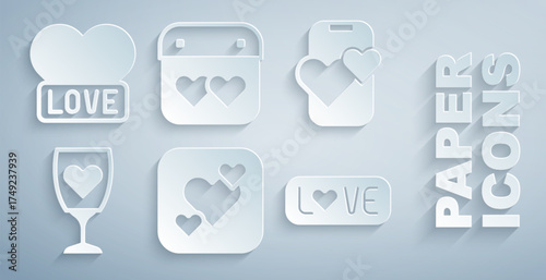 Set Heart, Dating app online mobile, Glass of champagne, Love text, Calendar with heart and icon. Vector
