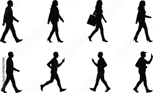 "Silhouette vector illustration of diverse people walking, running, and gesturing in casual and business poses for motion design concepts"