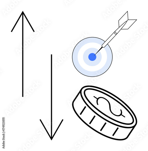 Coin with dollar sign, dart hitting the target, upward and downward arrows. Ideal for finance, business, investment, success, performance goal setting productivity. Minimal and simple flat metaphor