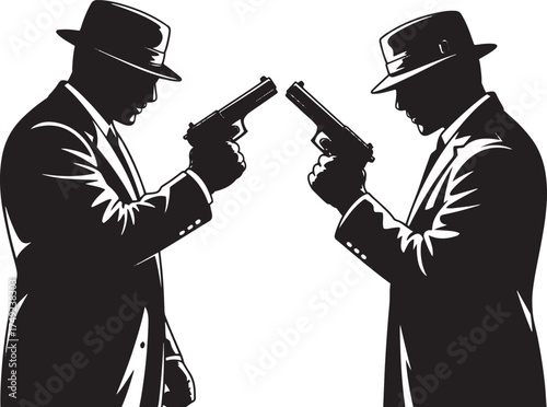 Two men in suits and hats pointing guns at each other