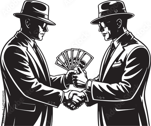 Two men in suits and hats exchanging money cash