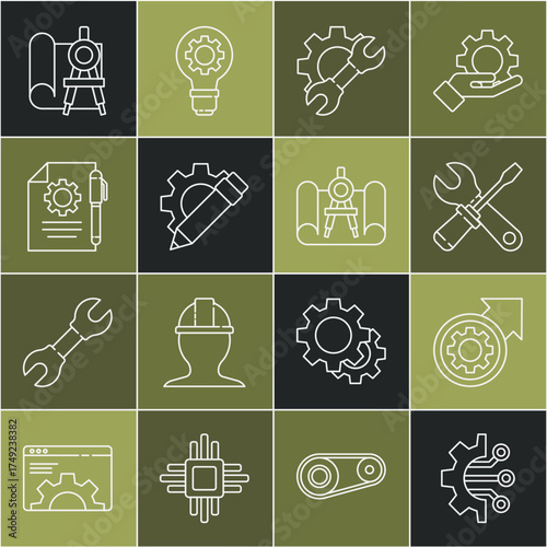 Set line Algorithm, Gear and arrows as workflow process, Screwdriver wrench spanner, Wrench gear, Pencil, Document settings pen, Graphing paper compass and icon. Vector