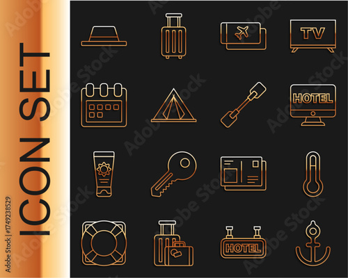 Set line Anchor, Meteorology thermometer, Online hotel booking, Airline ticket, Tourist tent, Calendar, Man hat with ribbon and Paddle icon. Vector