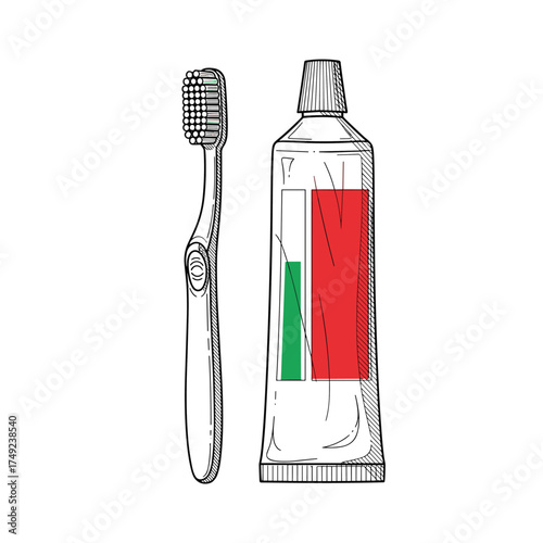 A toothbrush and a tube of toothpaste displayed together for oral hygiene purposes.