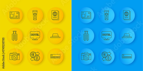 Set line Photo camera, Suitcase, Location hotel, Air conditioner, Man hat with ribbon, Passport visa stamp, and Sunscreen cream in tube icon. Vector