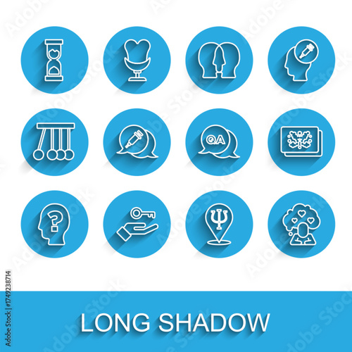 Set line Head with question mark, Solution to the problem, Old hourglass, Psychology, Psi, Broken heart or divorce, Addiction drug, Rorschach test and Question and Answer icon. Vector