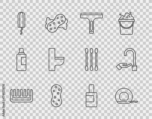 Set line Hairbrush, Dental floss, Rubber cleaner, Sponge, Sanitary tampon, Toilet bowl, Bottle for cleaning agent and Washing hands with soap icon. Vector