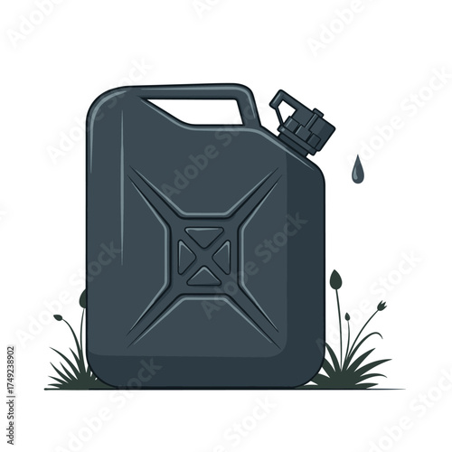 A dark gray jerrycan filled with liquid and a small drip falling near some grass.