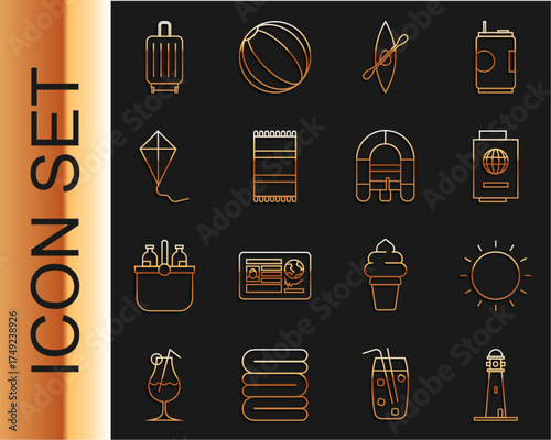 Set line Lighthouse, Sun, Passport with ticket, Kayak canoe and paddle, Beach towel, Kite, Suitcase and Rafting boat icon. Vector