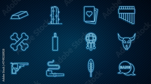 Set line Bang boom, gun Comic, Buffalo skull, Deck of playing cards, Dynamite bomb, Crossed human bones, Gold bars, Dream catcher with feathers and Cactus icon. Vector