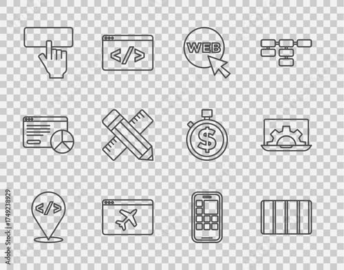 Set line Front end development, Color palette guide, Web and graphic design, Website template, Keyboard, Crossed ruler pencil, Mobile Apps and icon. Vector