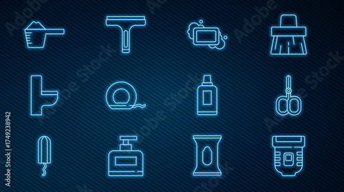 Set line Epilator, Nail scissors, Bar of soap, Dental floss, Toilet bowl, Washing powder, Bottle for cleaning agent and Rubber cleaner icon. Vector