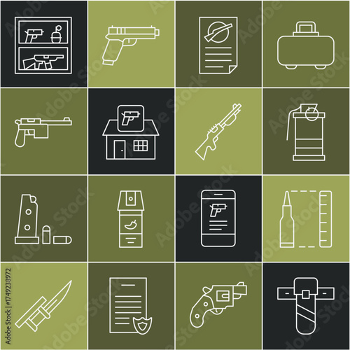 Set line Knife holster, Bullet, Hand smoke grenade, Firearms license certificate, Hunting shop weapon, Mauser gun, and icon. Vector