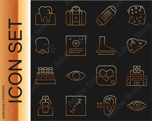 Set line Reddish eye, Medical hospital building, Hepatitis virus, protective mask, Clinical record, Man coughing, Tooth with caries and Flat foot icon. Vector