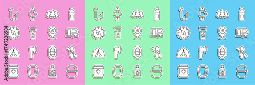 Set line Camping pot, Kayak or canoe, Rv trailer, Forest, Flashlight, Compass, Fishing hook and icon. Vector