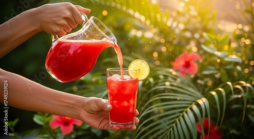 Refreshing beverage poured in lush summer greenery garden background