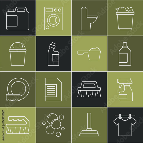 Set line Drying clothes, Cleaning spray bottle, Bottle for cleaning agent, Toilet bowl, Trash can, and Washing powder icon. Vector