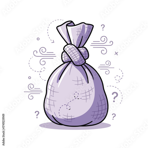 A tied sack with question marks and wind patterns around it.