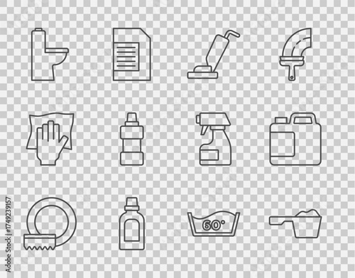 Set line Washing dishes, powder, Vacuum cleaner, Bottle for cleaning agent, Toilet bowl, Temperature wash and icon. Vector