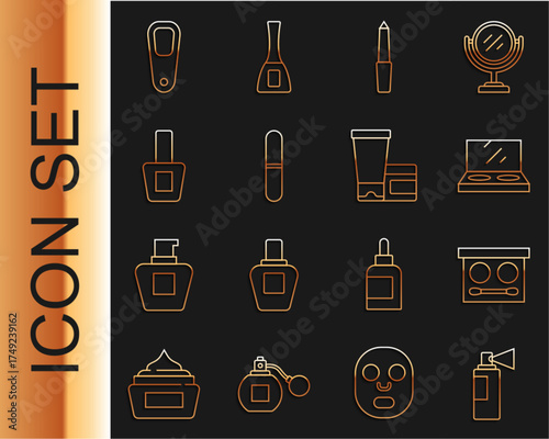 Set line Perfume, Eye shadow palette, Makeup powder with mirror, Nail file, polish bottle, Pumice for feet and Cream lotion cosmetic tube icon. Vector