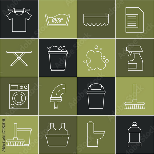 Set line Bottle for cleaning agent, Handle broom, Cleaning spray bottle, Sponge, Bucket with foam, Ironing board, Drying clothes and Water spill icon. Vector