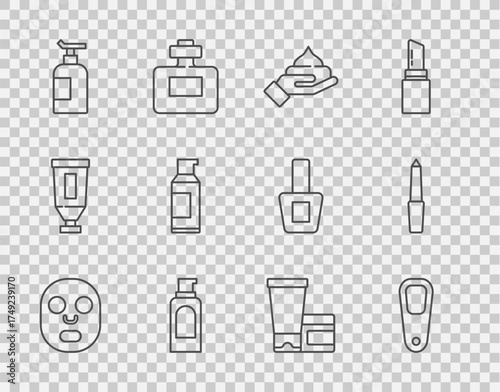 Set line Facial cosmetic mask, Pumice for feet, Cream lotion tube, Spray can hairspray, and Nail file icon. Vector